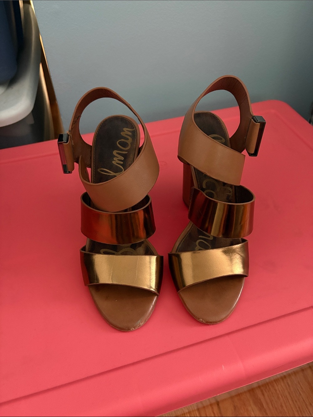 Sam Edelman Brown and Gold Metallic Block Heel Sandals